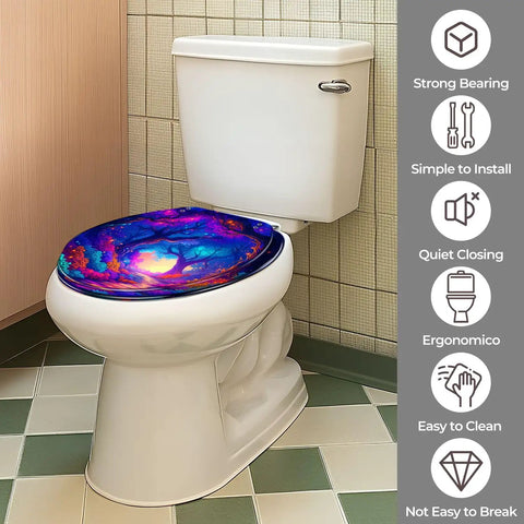 UV Reactive Round Toilet Seat for Bathroom with colorful design installed on white toilet in modern bathroom setting.