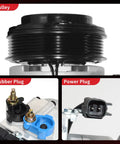 Premium Heavy Duty AC Compressor With Clutch To Keep Your Ford Expedition And Pickup Trucks Plus Lincoln Navigator Fresh During Hot Days Straight Swap Install showing pulley, rubber plug, and power plug details.