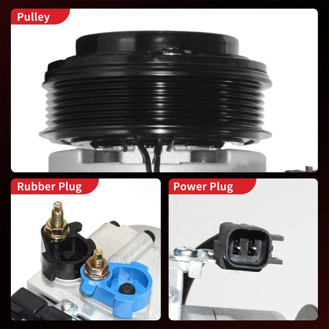 Premium Heavy Duty AC Compressor With Clutch To Keep Your Ford Expedition And Pickup Trucks Plus Lincoln Navigator Fresh During Hot Days Straight Swap Install showing pulley, rubber plug, and power plug details.