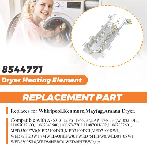 Diagram of Upgraded 8544771 Dryer Heating Element Replacement Part For Whirlpool Kenmore Maytag with installation view.