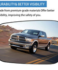 Driver Side Heated Mirror Glass Replacement For 2009-2018 Ram 1500 2500 Left Exterior Convex Mirror With Backing Plate And Built In Heating Ice Melt Fog Free Vision No Fuss Install, showing a truck in the reflection.