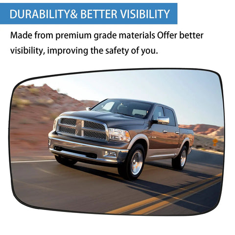 Driver Side Heated Mirror Glass Replacement For 2009-2018 Ram 1500 2500 Left Exterior Convex Mirror With Backing Plate And Built In Heating Ice Melt Fog Free Vision No Fuss Install, showing a truck in the reflection.