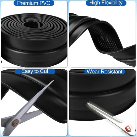 Garage Door Bottom Seal Kit 10 Foot Weather Stripping For Double Track Black Rubber Replacement Strip With T Ends And End Plugs Universal U And O Ring Buffering For Weatherproof Seal No More Drafts in four close-up views highlighting PVC material, flexibility, and ease of cutting.