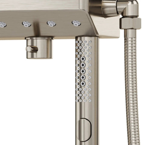 Close-up of Air-Infused AquaPower Shower System With 11-Inch Rain Showerhead, polished chrome finish, hose detail visible.