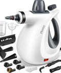 Straight Up Pressurized Handheld Steam Cleaner With Twelve Quick Swap Attachments shows unit and accessories like brushes and measuring cup.