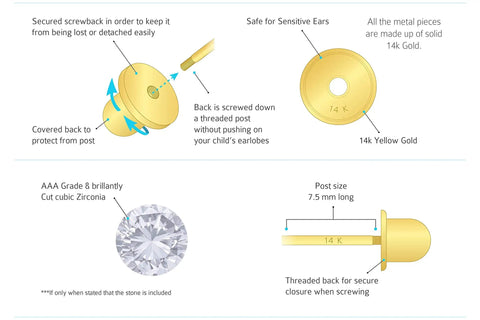 14K Yellow Gold Hollow Ball Stud Earrings With Secure Screw Back For Kids And Baby Girls 5mm Lightweight Hypoallergenic Gold Jewelry That Stays Put And Adds Subtle Shine For Everyday Wear. Diagram showing 14K gold screwback post, 5mm ball stud, and threaded back
