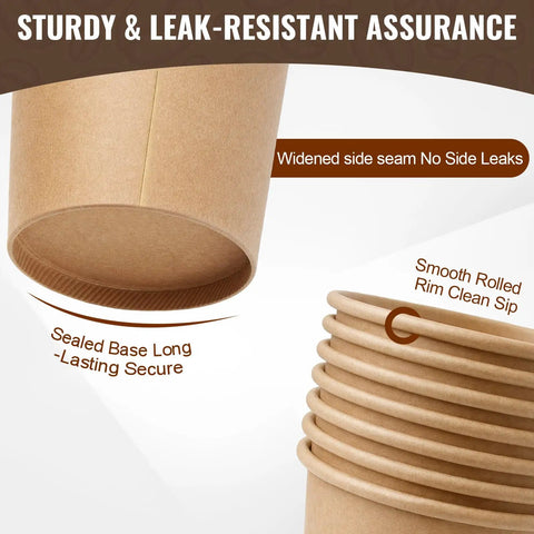 300 Count 8 Oz Unbleached Kraft Paper Cups Disposable Coffee Cups For Hot Or Cold Drinks Leak Resistant And Sturdy Ideal For Parties Home Or Office Use, showing cup details