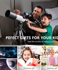 Father and son using Beginner Friendly 70mm Aperture 400mm Focal Refractor Telescope With AZ Mount for night sky viewing.