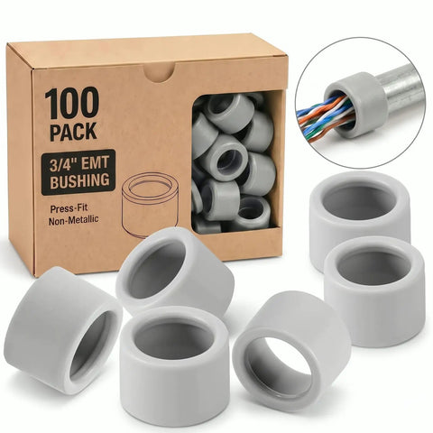 100 Pack Three Quarter Inch Emt Insulating Conduit Bushings White Plastic Cable Grommets in a box, ideal for electrical installations.