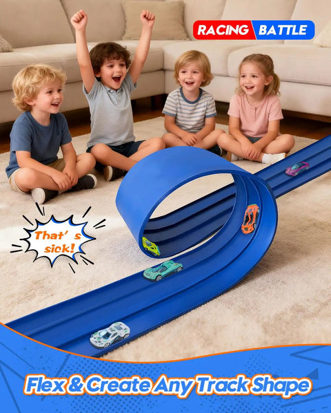 Children playing with Three Lane Flex Track Race Set, 15 Ft Portable DIY Racetrack With Six Diecast Cars, 1 64th Scale Compatible.