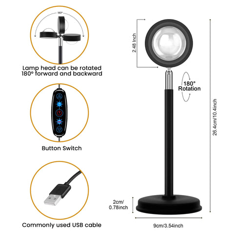Dimensions and features of the Sunset Projection Lamp With 21 Colors And 180 Degree Rotating Led Light For Party And Bedroom Decor