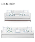Coastal Patio Lumbar Pillow Cover 12x20 Water Repellent Outdoor Indoor Cushion Cover with baby blue hydrangea on white sofa