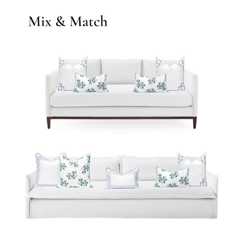 Coastal Patio Lumbar Pillow Cover 12x20 Water Repellent Outdoor Indoor Cushion Cover with baby blue hydrangea on white sofa