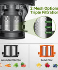 Close-up of dual mesh filters for the Top Rated 3-In-1 Cold Press Juicer For Juice, Nut Milk And Sorbet with coarse and fine options.