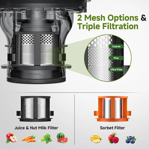 Close-up of dual mesh filters for the Top Rated 3-In-1 Cold Press Juicer For Juice, Nut Milk And Sorbet with coarse and fine options.