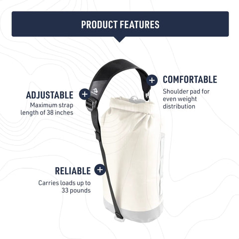 Dry Bag Sling Strap For Hands Free Carrying Turn Your Dry Bags Into An Over The Shoulder Or Crossbody Tote 38 Inch Adjustable Nylon Webbing With 3D Mesh Shoulder Pad For Even Weight Distribution on a white bag