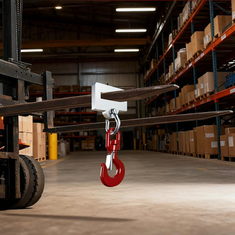 Heavy Duty Forklift Lifting Hook Attachment Single Fork Mount Boasting A Smooth 360 Degree Swivel And 4400 Pound Capacity in warehouse.