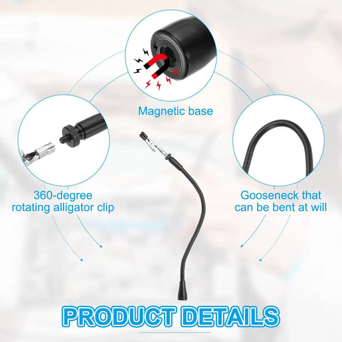 Diagram showing 360-degree rotating alligator clip with magnetic base and flexible gooseneck of Four Pack Helping Hands Soldering Clamp Set With Magnetic Gooseneck Arms And Alligator Clips For Electronics Repair And Jewelry DIY Must Have On Any Workbench, 12.5 Inch Long, Silver And Black.