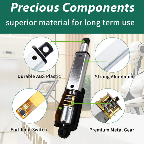 Close-up of a Tiny 2 Inch Stroke 12V DC Linear Actuator showcasing its durable ABS plastic, strong aluminum, end-limit switch, and premium metal gear components.
