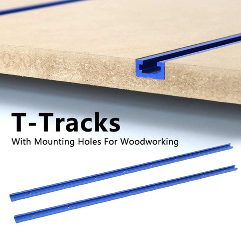Close-up of 800mm aluminum T-track with predrilled holes, shown on a wooden surface for easy install and smooth sliding fit.
