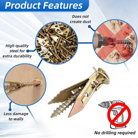 180 Piece Self Drilling Drywall Anchors Kit With 90 Metal Winged Zinc Plated Anchors And 90 Screws Features