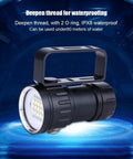 18000 Lumen Diving Beast Flashlight IPX8 Underwater Light with handle and waterproof design on digital blue background