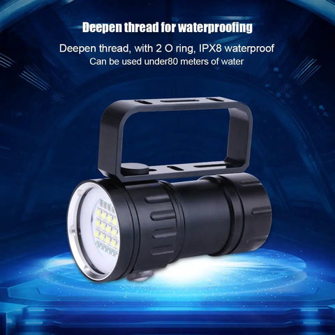 18000 Lumen Diving Beast Flashlight IPX8 Underwater Light with handle and waterproof design on digital blue background