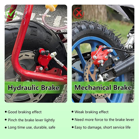 Comparison of Upgraded Mini Bike Hydraulic Brake Kit With Rear Caliper Mounting Bracket Adapter and mechanical brake on mini bike