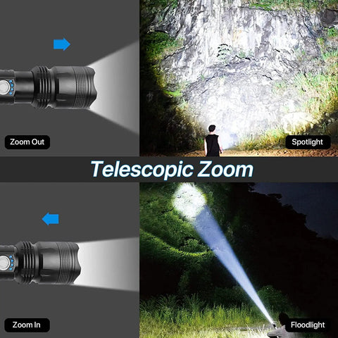 90000 Lumens Rechargeable Flashlight Beast Mode Bright With 5 Modes Handheld LED Light for outdoor spotlight and floodlight use.