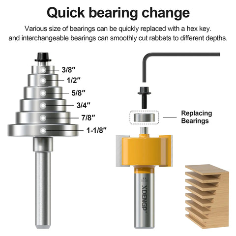 Badass One Piece Half Inch Shank Rabbet Router Bit With Interchangeable Bearings for easy depth adjustments and precision cuts.