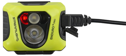 Enduro Pro USB Rechargeable Headlamp With 200 Lumen Output And 2080 Candela, yellow headlamp showing charge indicator and USB cable