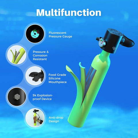 Compact 0.5L Scuba Tank Portable Diving Cylinder With Multifunction Features Highlighted