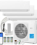 Top Shelf 36000 BTU Tri Zone Mini Split Air Conditioner with three wall units, remote controls, and outdoor unit for energy efficient cooling.