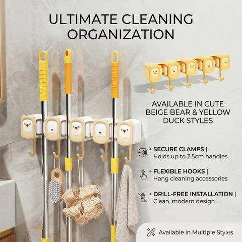 Broom Holder Wall Mount Self Adhesive Mop And Broom Organizer With 4 Grippers And 5 Hooks, beige and yellow duck design