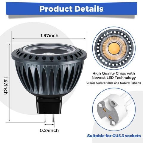 MR16 LED Light Bulbs 12 Pack Delivers A Straight Up Bright 2700K Warm White Glow With 450 Lumens, GU5.3 compatible design.