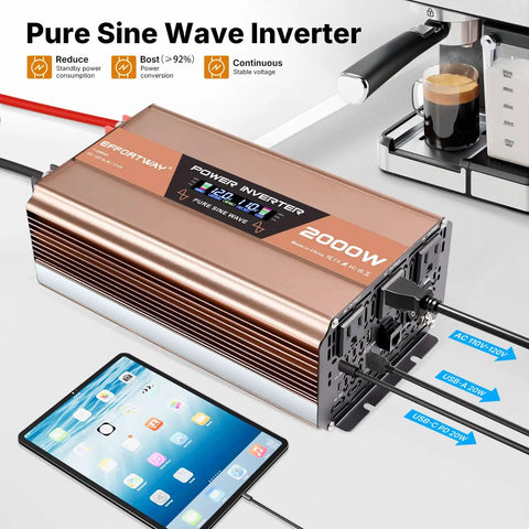 2000 Watt Pure Sine Wave Power Inverter 4000 Watt Peak Converter Transforms 12V DC To 120V AC Straight Up Smooth with LCD display.