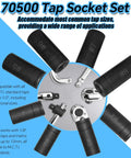 Eight Piece Tap Socket Set With One Quarter Inch Drive And Three Eighths Inch Drive Fits All MCTI Standard Taps Up To One Half Inch And One Eighth Inch NPT Plus Metric Up To Twelve Millimeters For Socket Wrench Kits displayed with tools