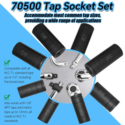 Eight Piece Tap Socket Set With One Quarter Inch Drive And Three Eighths Inch Drive Fits All MCTI Standard Taps Up To One Half Inch And One Eighth Inch NPT Plus Metric Up To Twelve Millimeters For Socket Wrench Kits displayed with tools