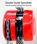 Close-up of double guide sprockets on Shop Grade 10T Manual Chain Hoist Built Tough With Dual Rotating Hooks And Heavy Duty Steel Frame.