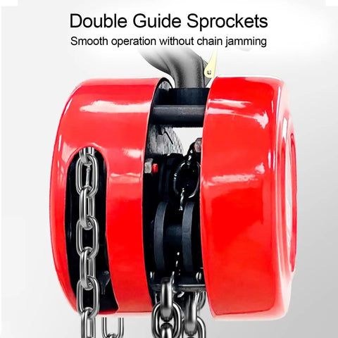 Close-up of double guide sprockets on Shop Grade 10T Manual Chain Hoist Built Tough With Dual Rotating Hooks And Heavy Duty Steel Frame.