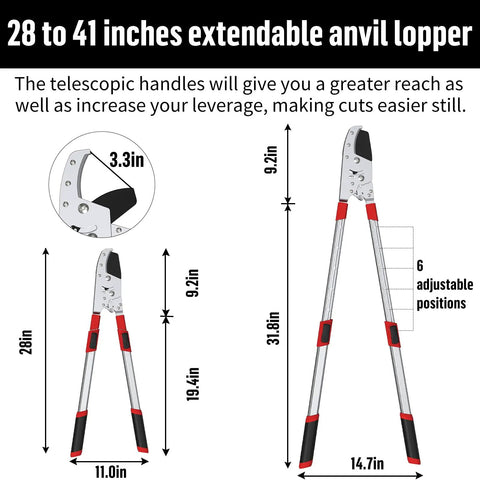 Heavy Duty Extendable Loppers With Telescopic 28 To 41 Inch Reach Double Ratcheting Anvil Branch Cutter design diagram