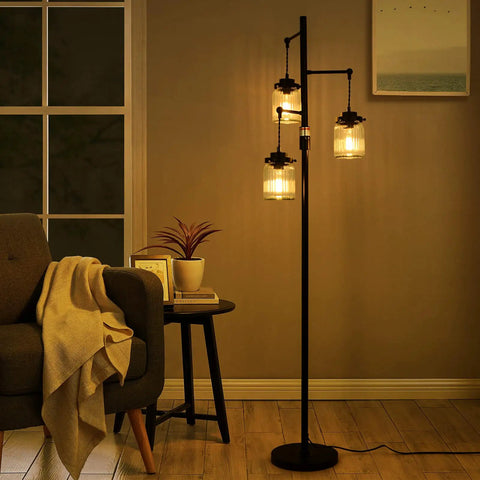 Industrial Farmhouse Floor Lamp With Three Glass Shades, Tall Standing Lamp With Dimmable Switch, Sturdy Black Base For Living Room Bedroom Office Home Decor, Modern Rustic Lighting That Hits