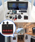 Six Gang Rocker Switch Panel With Red Backlit on boat dashboard and RV interior, showing LED voltmeter and USB charger setup