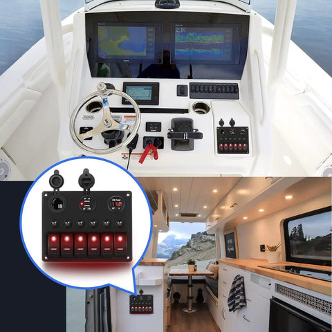 Six Gang Rocker Switch Panel With Red Backlit on boat dashboard and RV interior, showing LED voltmeter and USB charger setup
