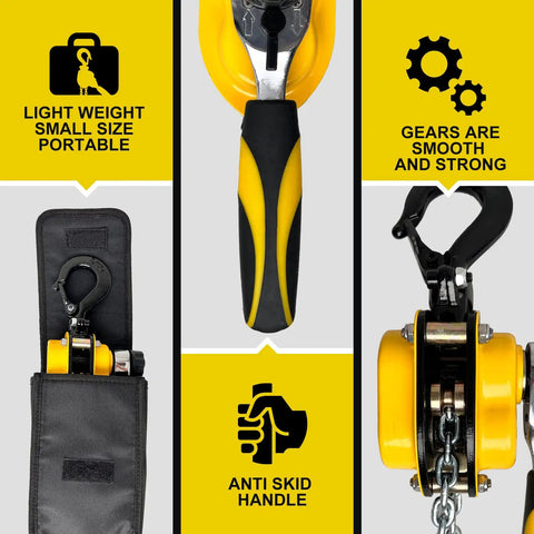 Close-up of Tiny But Mighty Mini Chain Hoist Come Along Half Ton 1100 Lbs Capacity showing anti-skid handle and gear mechanism.