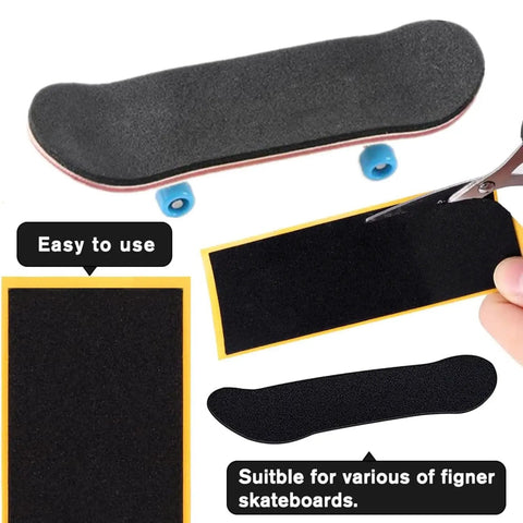 24 Pack Foam Grip Tape for Fingerboards 38x110mm Anti Slip PU Foam Self Adhering Black Grippy Tape shown on mini skateboard