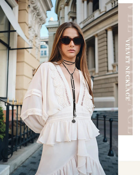 Six Pack Womens Choker Necklaces Black Brown Leather Velvet Lace Up Tie Gothic Western Adjustable Statement Collar Jewelry, model wears layered choker.