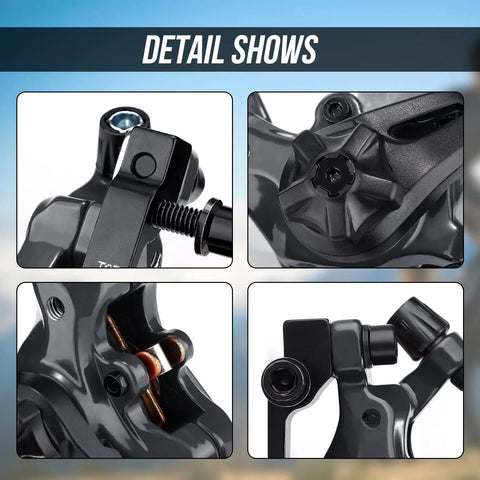 Heavy Duty Mechanical Disc Brake Kit With Dual Piston Calipers And 160 Mm Rotors detailed close-ups of calipers and components.