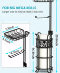 Diagram of Free Standing Toilet Paper Holder With Shelf In Black Finish Floral Pattern and dimensions for RV bathroom use.