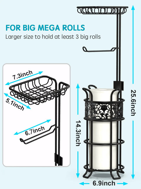 Diagram of Free Standing Toilet Paper Holder With Shelf In Black Finish Floral Pattern and dimensions for RV bathroom use.